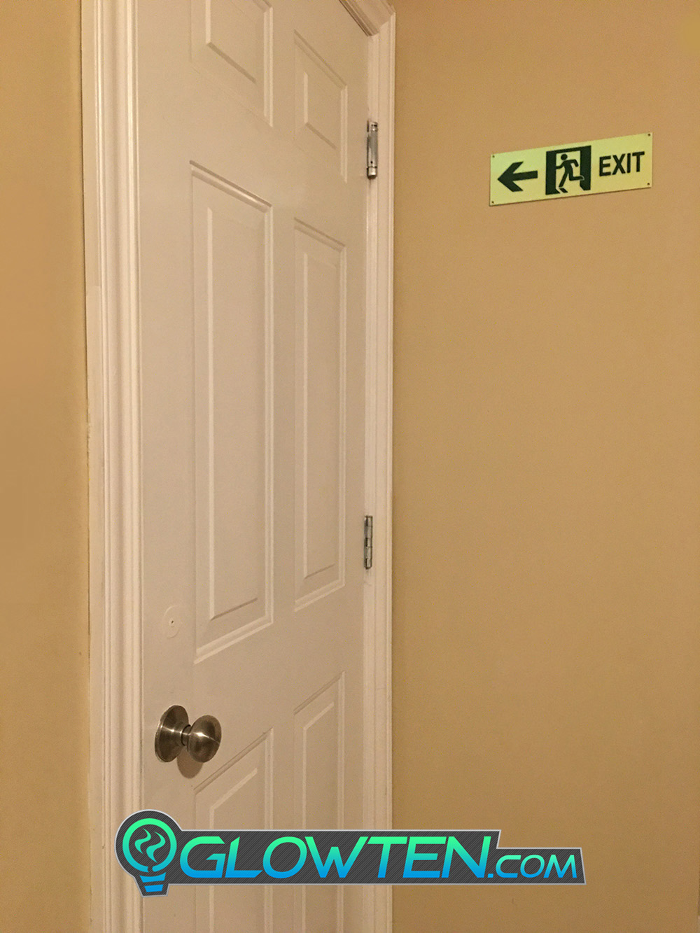 GLOWTEN.com - Glow in the Dark FIRE EXIT ESCAPE SIGN Left Eco Friendly Photoluminescent Material Green Absorbs photons from any light source and then this stored energy is released in the dark, resulting in the glowing effect  picture photo cap preview pic image search 5