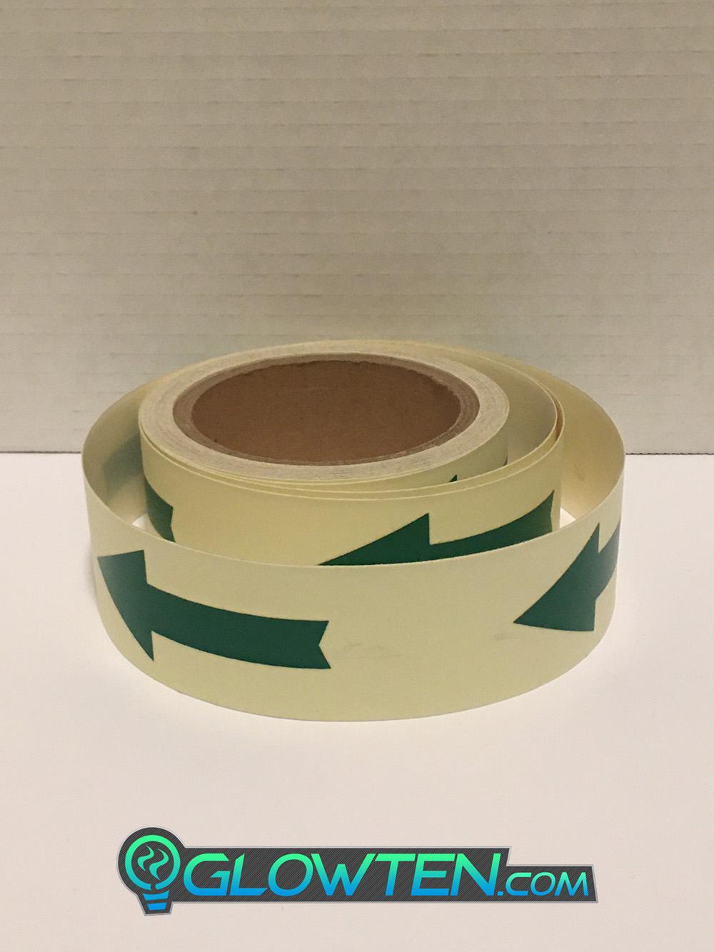 GLOWTEN.com - ARROW POINT TAPE Glow in the Dark Green Single Direction Sign All Purpose Tape Roll Lite Green Absorbs photons from any light source and then this stored energy is released in the dark, resulting in the glowing effect 1 One