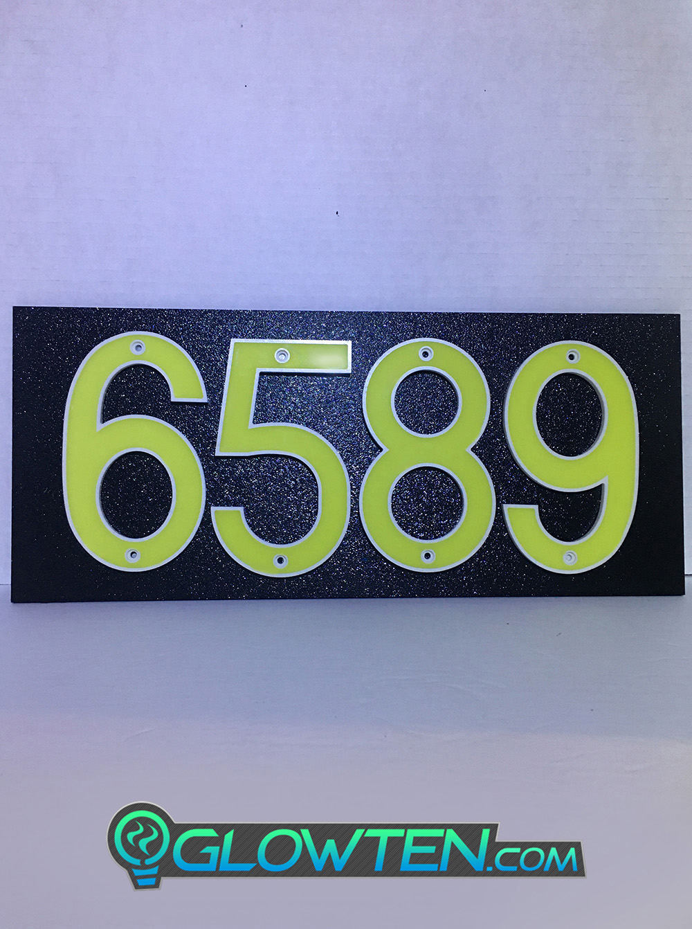 GLOWTEN.com - Fully Customizable Please Pick And Choose Your Numbers Emitting Green Glow Help Your Delivery Guy At Night Four 4 Numbers With Black Plaque Backing Glow In Dark House Address Number Horizontal Eco Friendly Photoluminescent Sign Abs Material Price For Whole Set Backboard Included Day View Photo Luminescent Vinyl No Electricity Required Emitting Glow Light Naturally picture photo cap preview pic image search 1