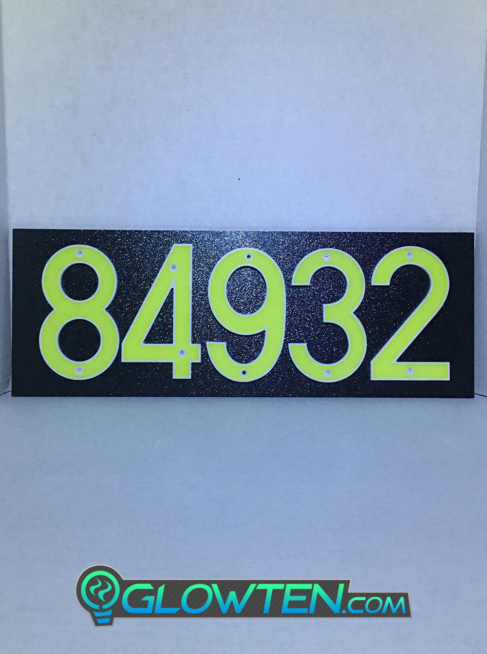GLOWTEN.com - Emitting Long Lasting Glow Photo Luminescent Vinyl ABS Plastic FIVE 5 NUMBERS with BLACK PLAQUE BACKING Glow In Dark House Address Number Horizontal Eco Friendly Photoluminescent Sign ABS Material Price For Whole Set picture photo cap preview pic image search 1