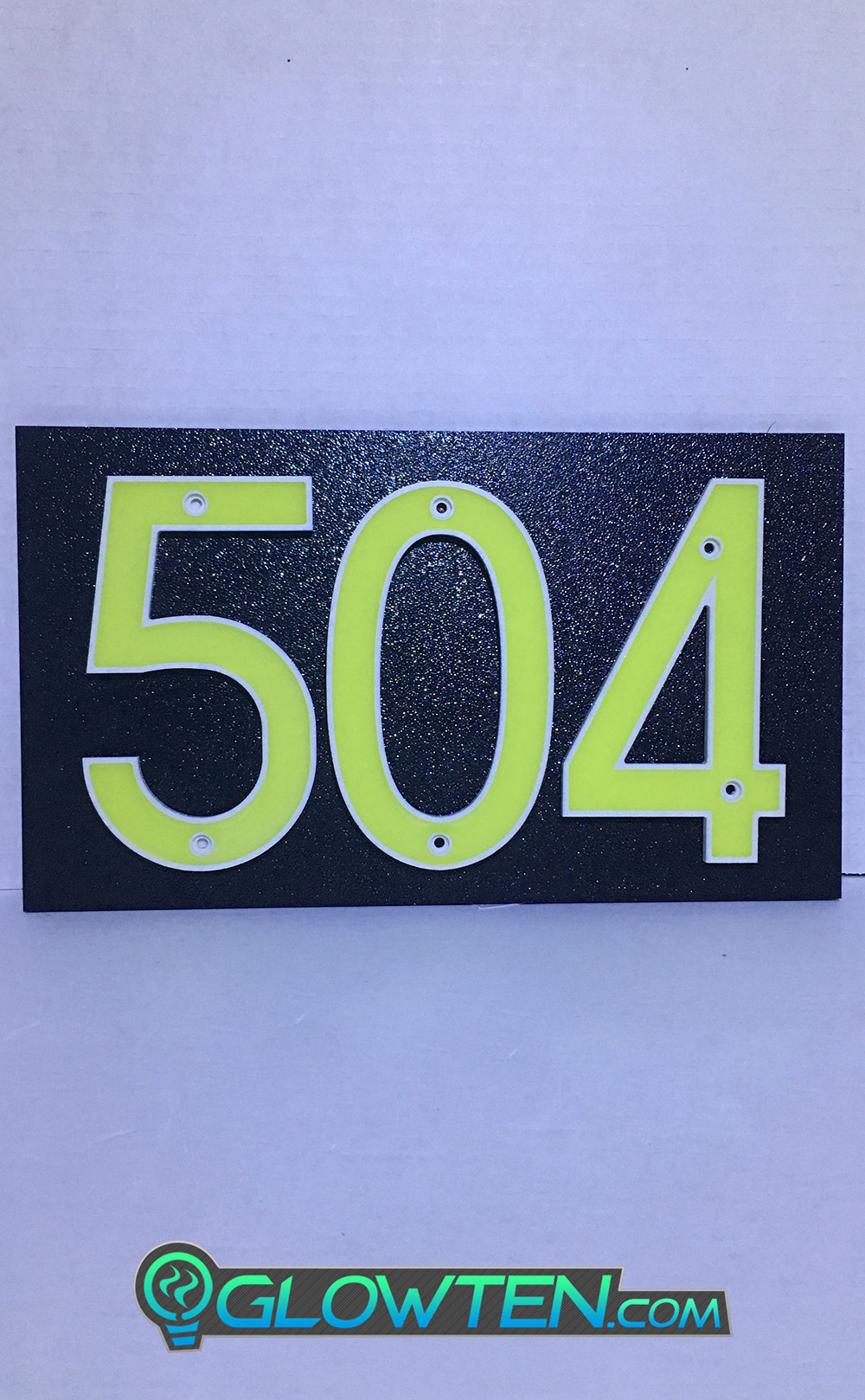 GLOWTEN.com - Applications In Front Or Back Yard Of Houses, Homes, Warehouses, Workshops, Addresses, Banners, Advertising Warning Caution Sign, Other Decor Decorations Etc, Abs Plastic Photoluminescent Pigment THREE 3 NUMBERS with BLACK PLAQUE BACKING Glow In Dark House Address Number Horizontal Eco Friendly Photoluminescent Sign ABS Material Price For Whole Set Phosphorescent Neon Color Flourescent Green Markings picture photo cap preview pic image search 1