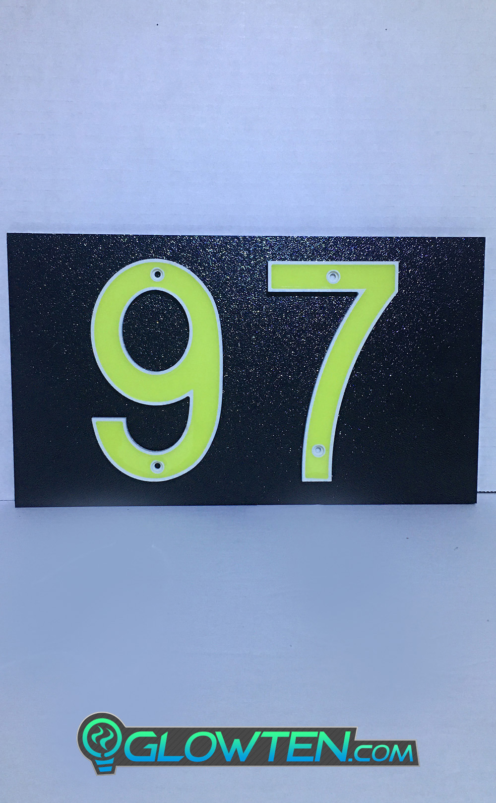GLOWTEN.com - ABS Plastic Photoluminescent Pigment TWO 2 NUMBERS with BLACK PLAQUE BACKING Glow In Dark House Address Number Horizontal Eco Friendly Photoluminescent Sign ABS Material Price For Whole Set With Backing Fully customizable please pick and choose your Numbers picture photo cap preview pic image search 1