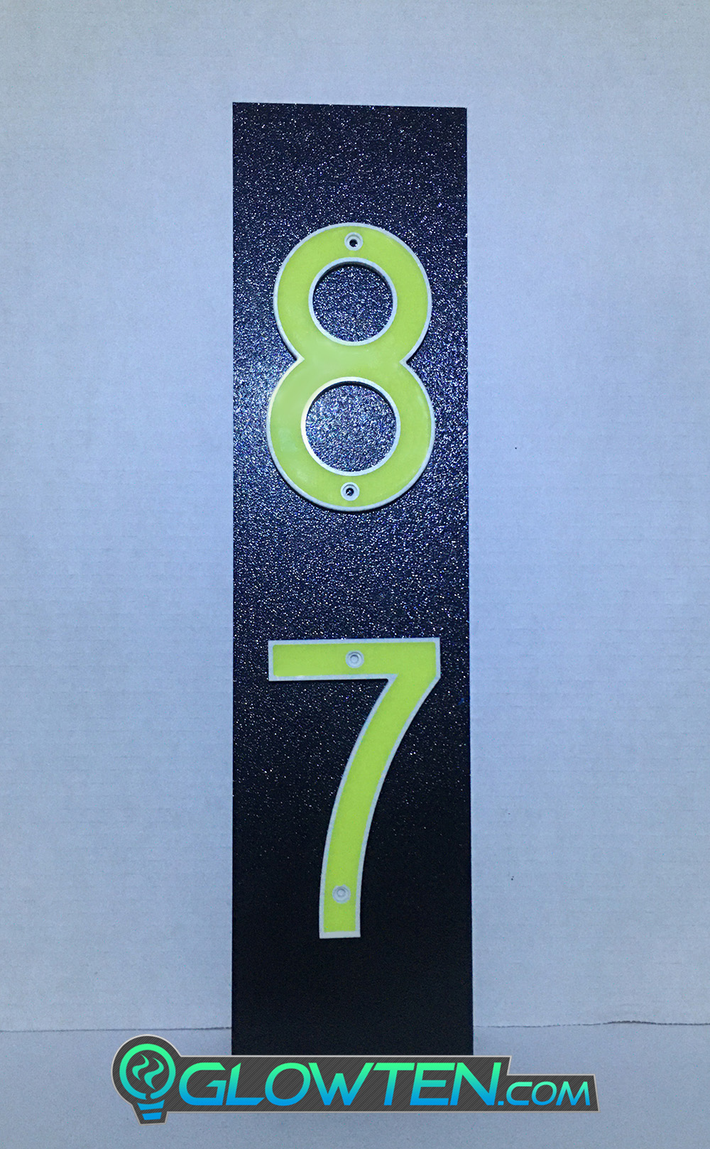 GLOWTEN.com - Fully Customizable Please Pick And Choose Your Numbers, Absorbs Photons From Any Light Source And Then This Stored Energy Is Released In The Dark TWO 2 NUMBERS with BLACK PLAQUE BACKING Glow In Dark House Address Number Vertical Eco Friendly Photoluminescent Sign ABS Material Price For Whole Set ABS Plastic Photoluminescent Pigment picture photo cap preview pic image search 1