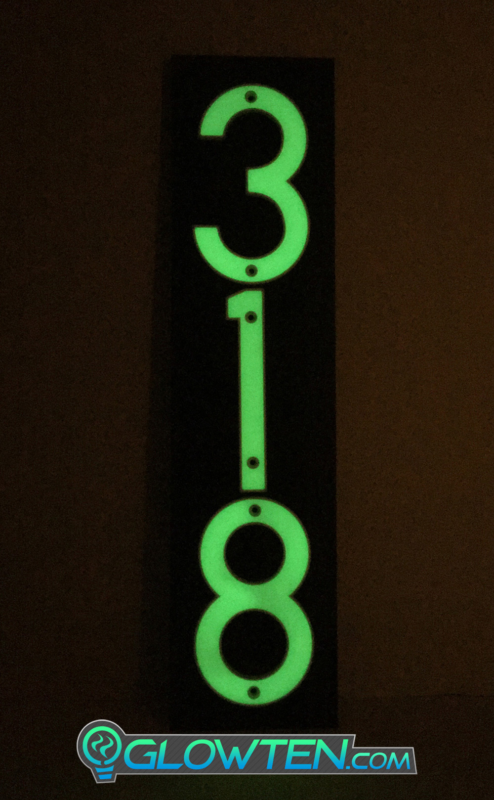 GLOWTEN.com - Fully Customizable Please Pick And Choose Your Numbers, Abs Plastic Body Photoluminescent Pigment, Ceiling Wall Decoration Kit THREE 3 NUMBERS with BLACK PLAQUE BACKING Glow In Dark House Address Number Horizontal Eco Friendly Photoluminescent Sign ABS Material Price For Whole Set picture photo cap preview pic image search 2