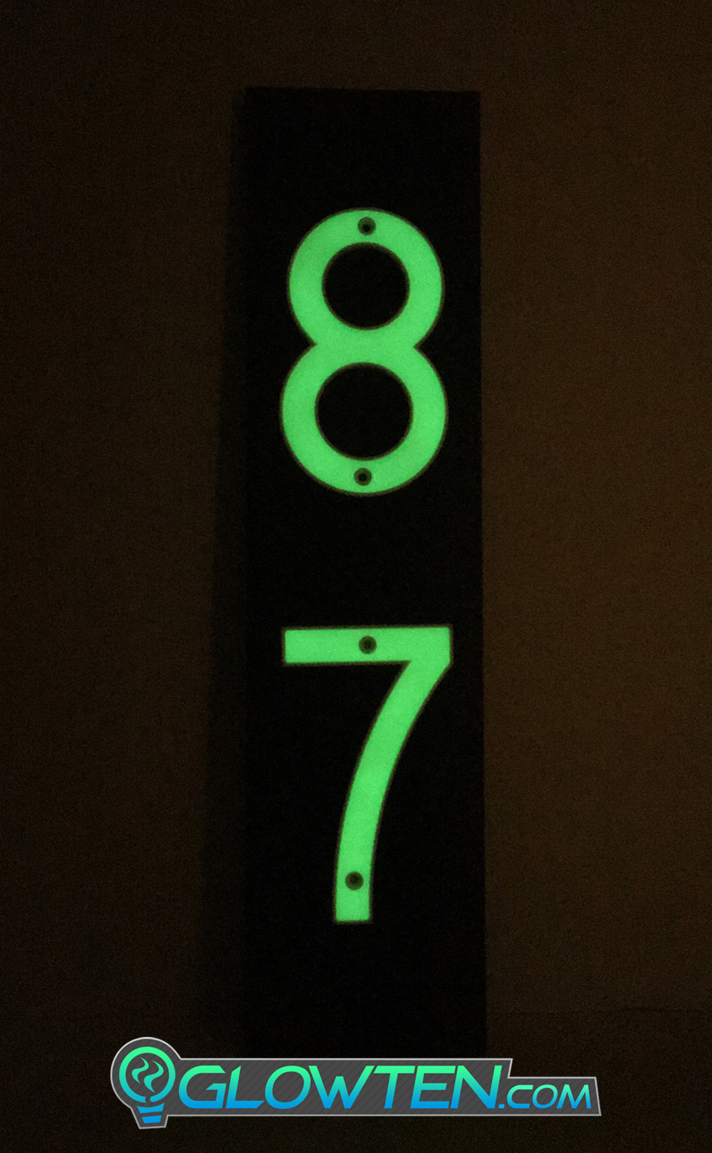 GLOWTEN.com - Resulting In The Glowing Effect, Applications In Front Or Back Yard Of Houses, Homes, Warehouses, Workshops, Addresses, Banners, Advertising, Decor, Decorations, Warning Sign, Sporting Events TWO 2 NUMBERS with BLACK PLAQUE BACKING Glow In Dark House Address Number Vertical Eco Friendly Photoluminescent Sign ABS Material Price For Whole Set ABS Plastic Photoluminescent Pigment picture photo cap preview pic image search 2