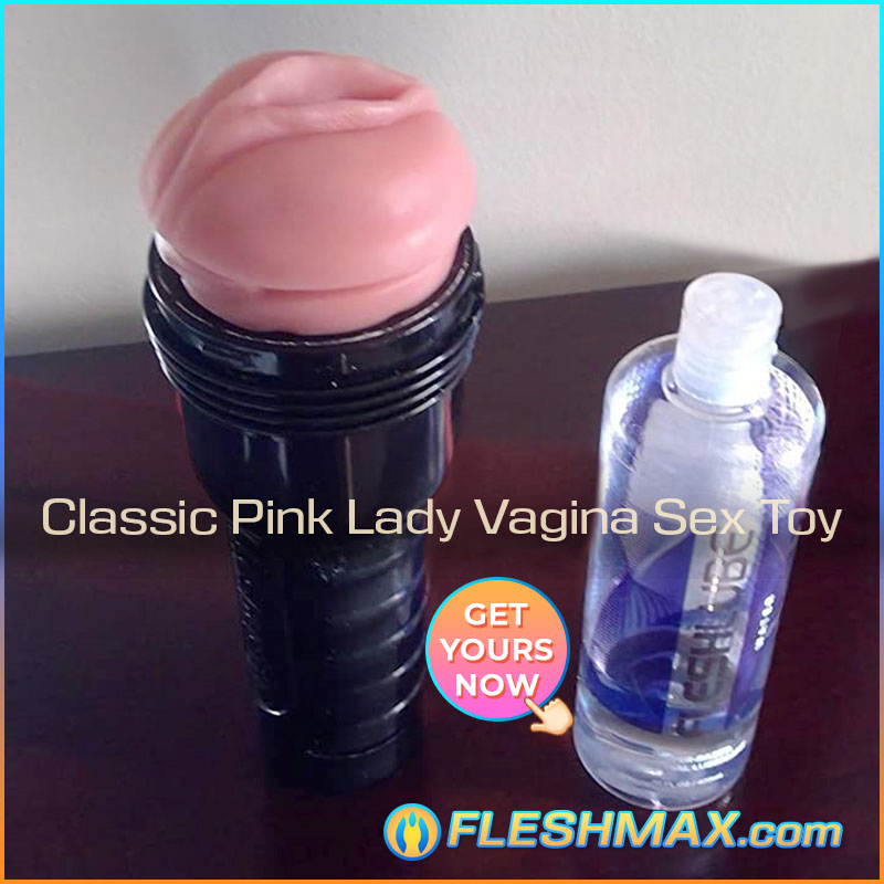 FLESHMAX.com -  Classic_Pink_Lady_Vagina_Fuck_Pussy_Sex_Toy_for_Guys real artificial masturbator helper for men open boxed review standing view next to water based lubricant,how long can you last so you dont cum fast,get yours now FLESHMAX all sextoys shopping review channel image
