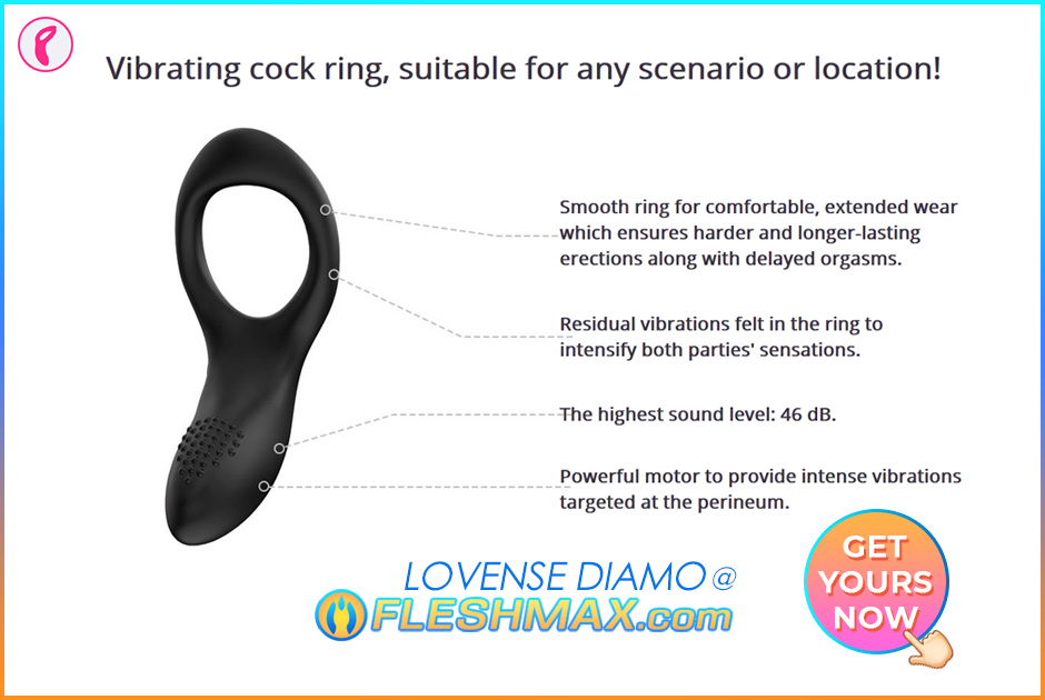 FLESHMAX.com Lovense Diamo Vibrating Cock Ring Perieum Massage With 4 Other Ways To Play Depends On Your Mood Get Yours Now At FLESHMAX.com Connect With Other Lovense Lovers Other Wifi Control App vibrating cock ring, suitable for any scenario or location,smooth ring for comfortable,extended wear which ensures harder and longer-lasting erections along with delayed orgasm,residual vibrations felt in the ring to intensify both parties sensations,the highest sound level 46db,powerful motor to provide intense vibrations targeted at the perineum