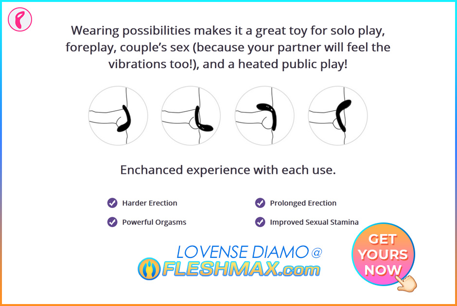FLESHMAX.com Lovense Diamo Vibrating Cock Ring Perieum Massage With 4 Other Ways To Play Depends On Your Mood Get Yours Now At FLESHMAX.com Connect With Other Lovense Lovers Other Wifi Control App 4 new ways of wearing possibilities makes it a great toy for solo play,foreplay,couple sex because your partner will feel the vibrations too,and a heated public play,enhanced experience with each us harder erection powerful orgasm prolonged erection improved sexual stamina
