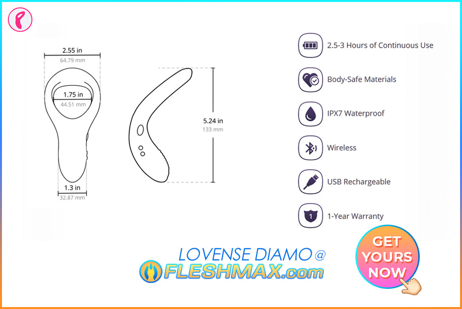 FLESHMAX.com Lovense Diamo Vibrating Cock Ring Perieum Massage With 4 Other Ways To Play Depends On Your Mood Get Yours Now At FLESHMAX.com Connect With Other Lovense Lovers Other Wifi Control App 2.5-3 hours of continuous use body-safe materials ipx7 waterproof wireless usb rechargeable 1-year warranty and dimensions 2.55in 64.79mm 1.75in 44.51mm 1.3in 32.87mm 5.24in 133mm Lovers Sex Toys Store Merch Shopping Store Channel Image Search jpg