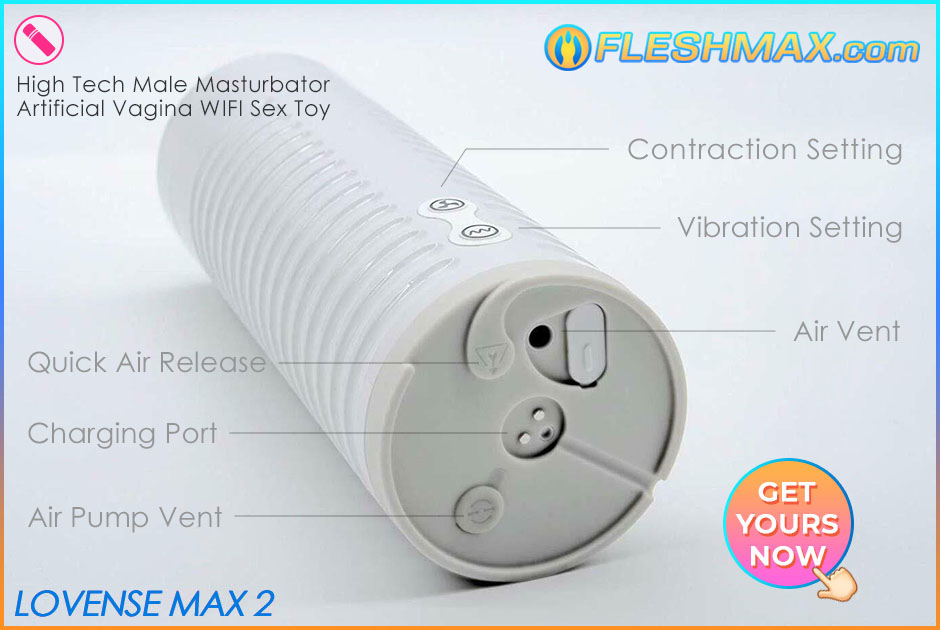 FLESHMAX.com - Lovense Max 2 top side view of contraction setting and vibration setting buttons,bottom view of quick air release,charging port and air pump vent shop now grab your high tech mens masturbator fap jerk off sexual health toy sleeve with wifi lovense remote app to connect with other toys,side buttons diagram view quick air release,charging port,air pump vent,contraction setting,vibration setting,air vent High Tech Male Masturbator Artificial Vagina Cum Collector WIFI Sex Toy photo picture jpg image search